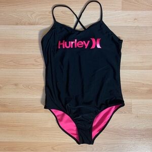 Hurley Kids Black & Bright Pink One-Piece Swimsuit - Size 14